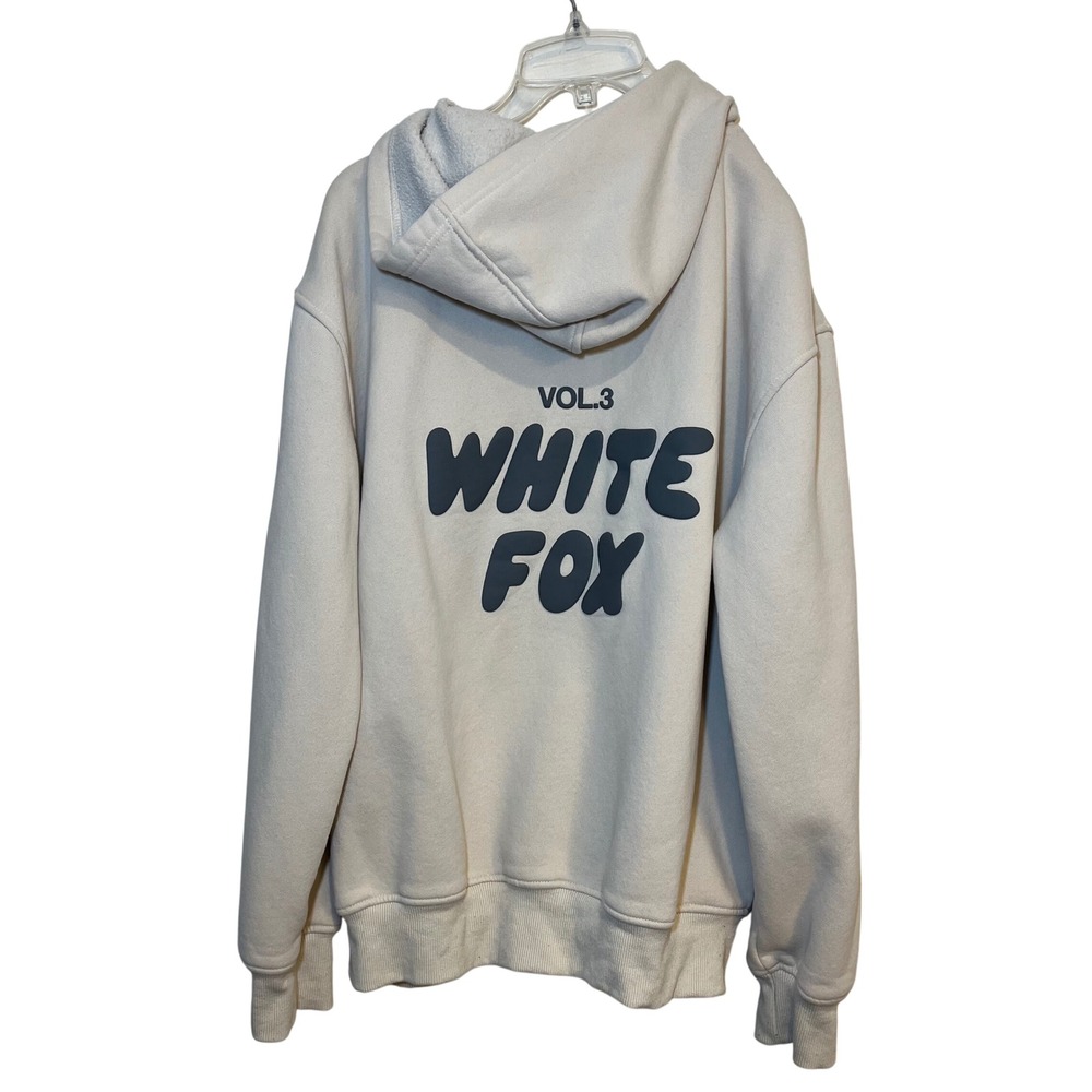 White Fox Sweatshirt Hoodie Ivory Cream Vol. 3 Gray Puff Text Small/Med FLAWED
